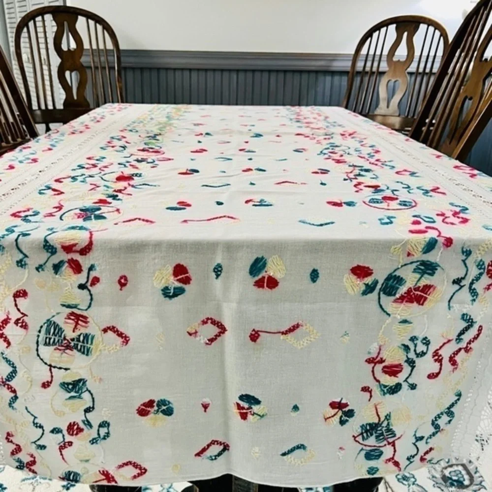 Boho Hand Embroidered Cut Work Lace Linen Tablecloth Cottage Farmhouse Style